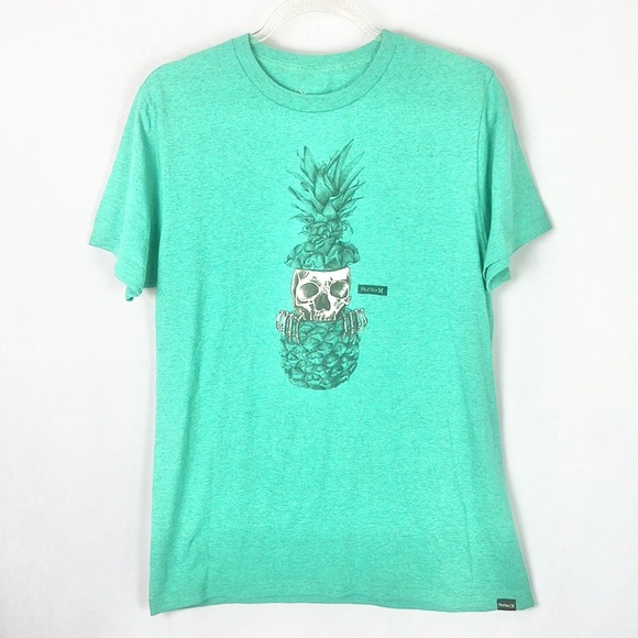 HURLEY |💀🍍Green Heathered Pineapple Skull Printed Skater Surfer T-Shirt - Picture 1 of 5
